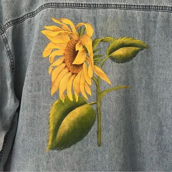 Vintage Denim Shirt Sunflower Handpainted Size Large Boho Artsy Unique Kansas - Picture 2 of 9